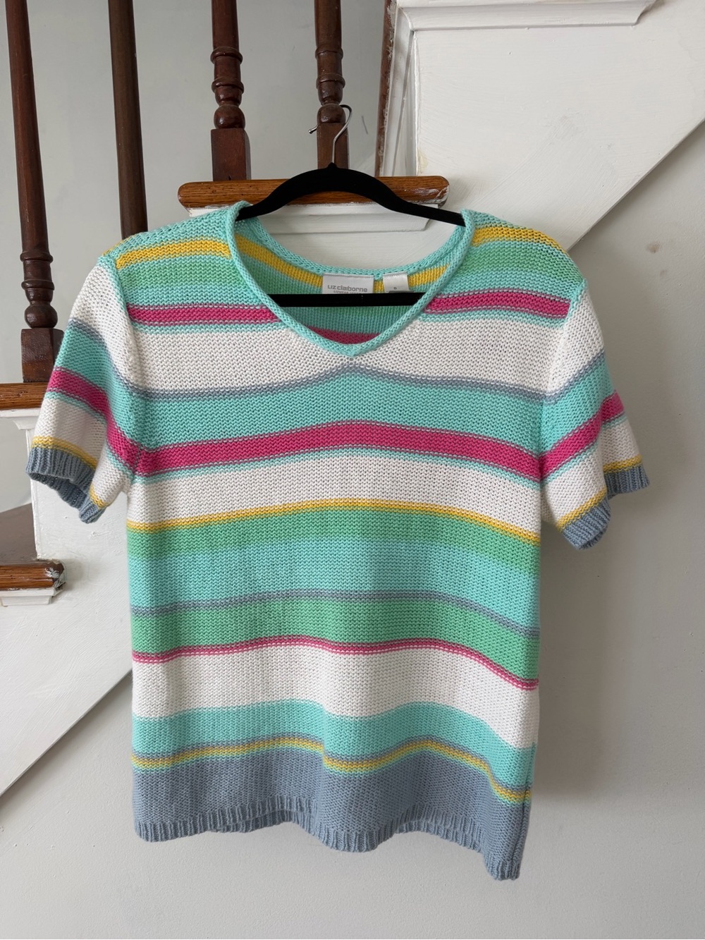 Liz Claiborne Mint, White & Pink Striped V-Neck Sweater